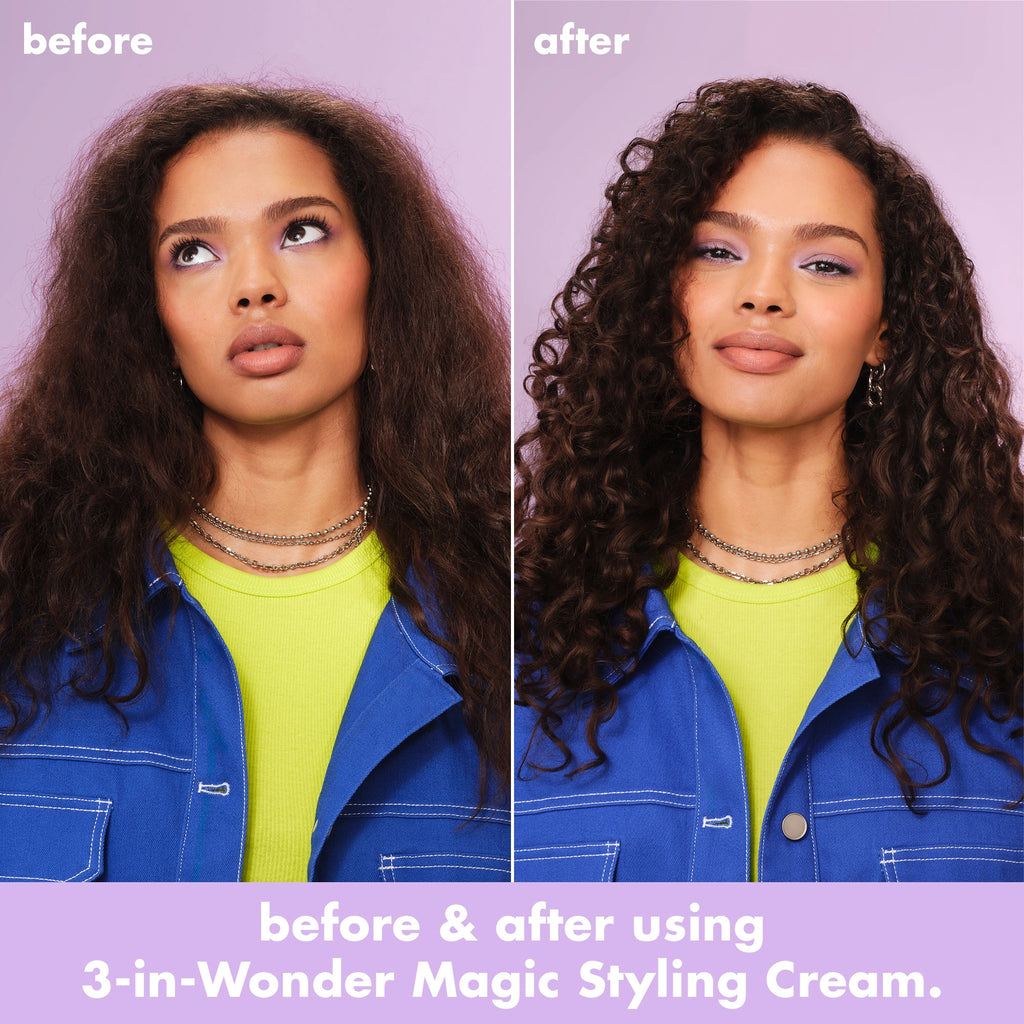Before and after showing smooth curls after using 3-in-Wonder Magic Styling Cream